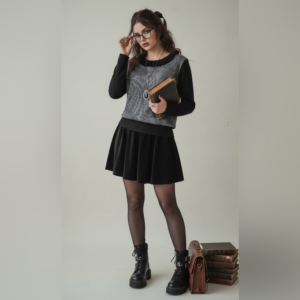 Whimsigoth Dark Academia Sweater Top L Black Paisley Print Ruffle Neck